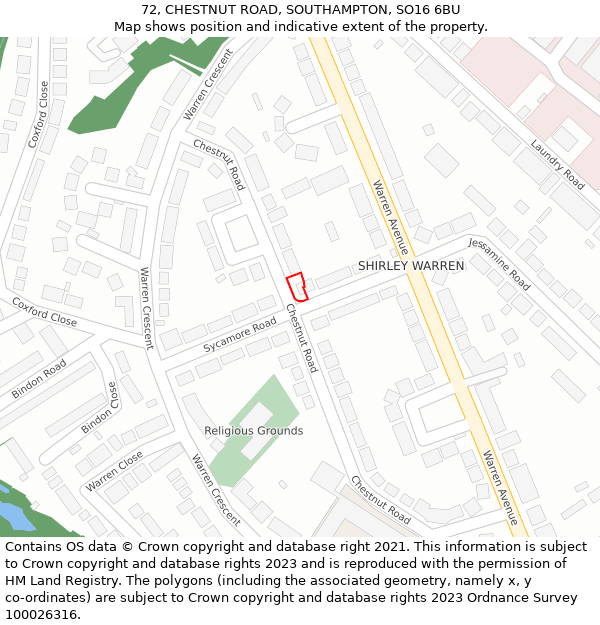 72, CHESTNUT ROAD, SOUTHAMPTON, SO16 6BU: Location map and indicative extent of plot