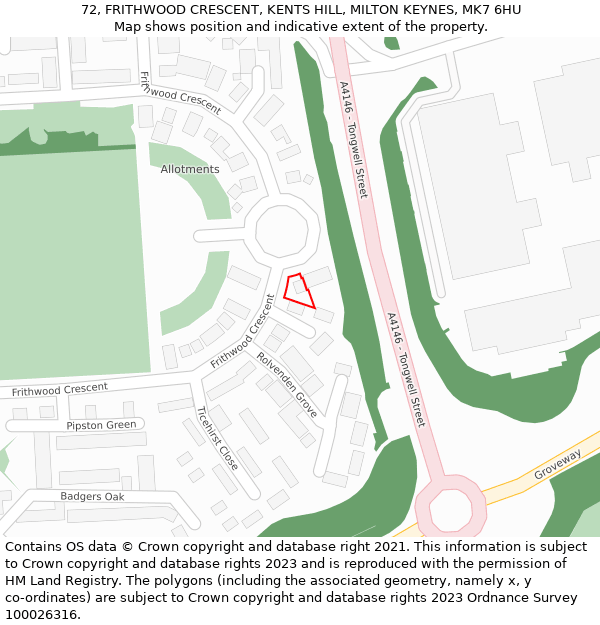 72, FRITHWOOD CRESCENT, KENTS HILL, MILTON KEYNES, MK7 6HU: Location map and indicative extent of plot