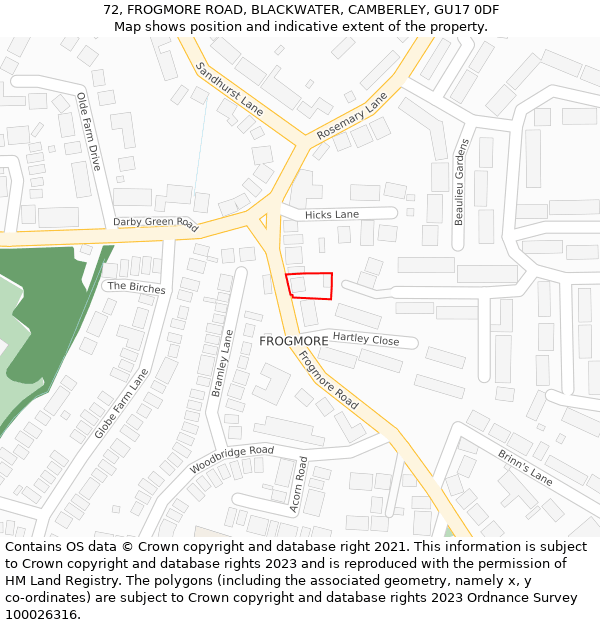 72, FROGMORE ROAD, BLACKWATER, CAMBERLEY, GU17 0DF: Location map and indicative extent of plot