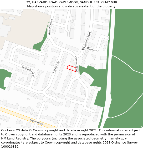 72, HARVARD ROAD, OWLSMOOR, SANDHURST, GU47 0UR: Location map and indicative extent of plot