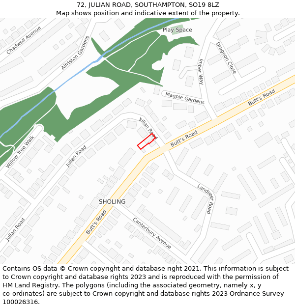 72, JULIAN ROAD, SOUTHAMPTON, SO19 8LZ: Location map and indicative extent of plot