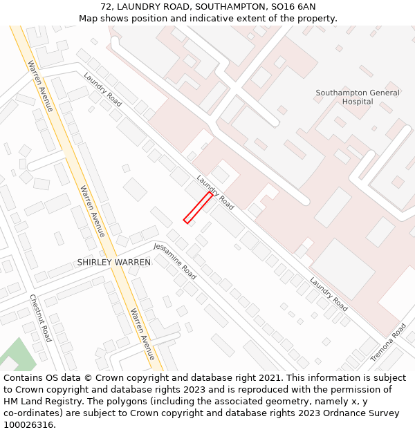 72, LAUNDRY ROAD, SOUTHAMPTON, SO16 6AN: Location map and indicative extent of plot