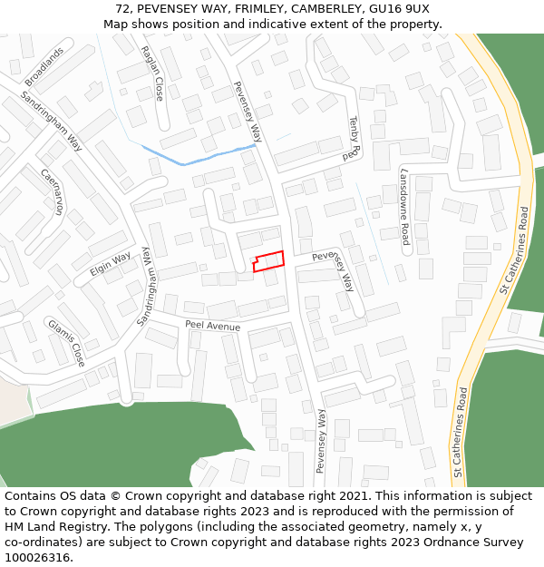 72, PEVENSEY WAY, FRIMLEY, CAMBERLEY, GU16 9UX: Location map and indicative extent of plot