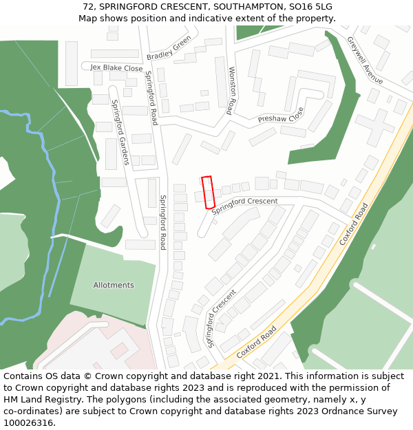 72, SPRINGFORD CRESCENT, SOUTHAMPTON, SO16 5LG: Location map and indicative extent of plot