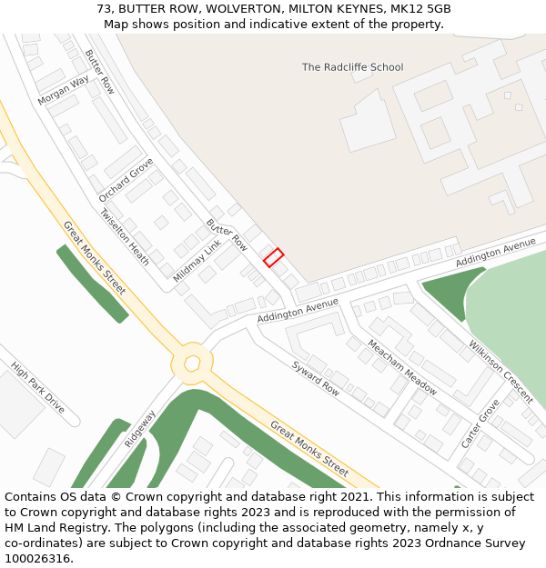 73, BUTTER ROW, WOLVERTON, MILTON KEYNES, MK12 5GB: Location map and indicative extent of plot