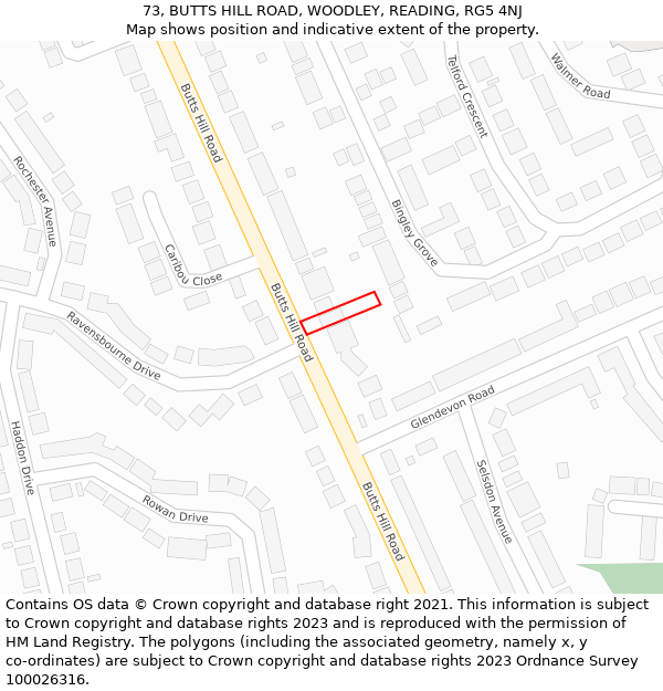 73, BUTTS HILL ROAD, WOODLEY, READING, RG5 4NJ: Location map and indicative extent of plot