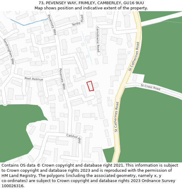 73, PEVENSEY WAY, FRIMLEY, CAMBERLEY, GU16 9UU: Location map and indicative extent of plot