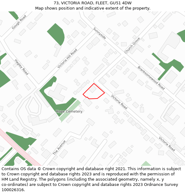 73, VICTORIA ROAD, FLEET, GU51 4DW: Location map and indicative extent of plot