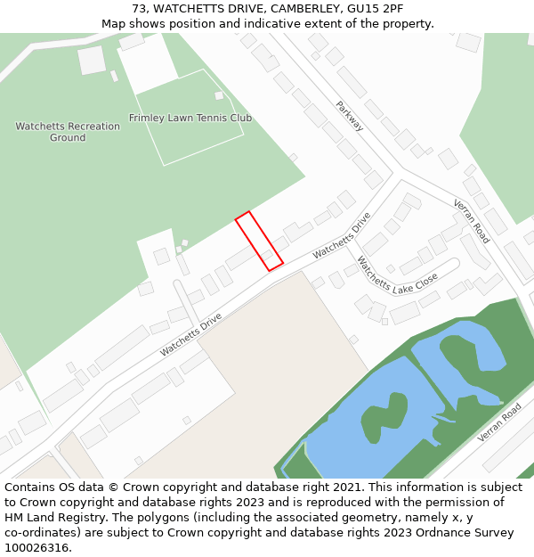 73, WATCHETTS DRIVE, CAMBERLEY, GU15 2PF: Location map and indicative extent of plot