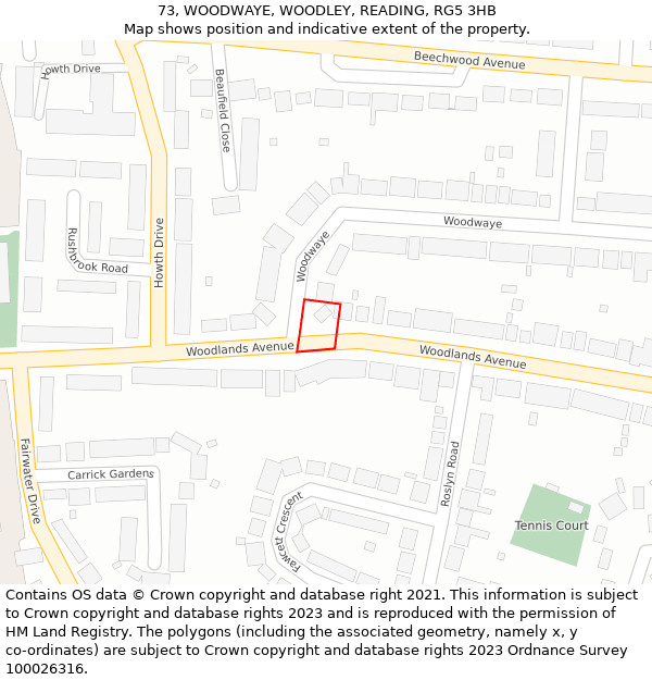 73, WOODWAYE, WOODLEY, READING, RG5 3HB: Location map and indicative extent of plot