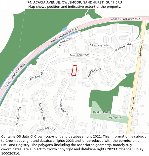 74, ACACIA AVENUE, OWLSMOOR, SANDHURST, GU47 0RU: Location map and indicative extent of plot