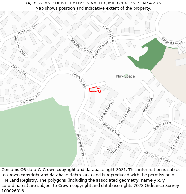 74, BOWLAND DRIVE, EMERSON VALLEY, MILTON KEYNES, MK4 2DN: Location map and indicative extent of plot