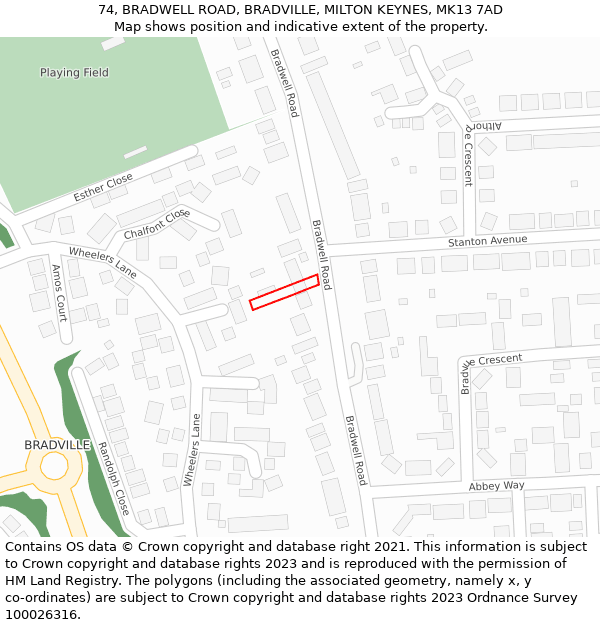 74, BRADWELL ROAD, BRADVILLE, MILTON KEYNES, MK13 7AD: Location map and indicative extent of plot