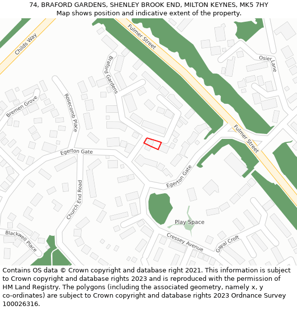 74, BRAFORD GARDENS, SHENLEY BROOK END, MILTON KEYNES, MK5 7HY: Location map and indicative extent of plot
