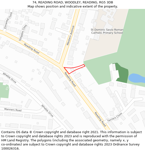 74, READING ROAD, WOODLEY, READING, RG5 3DB: Location map and indicative extent of plot