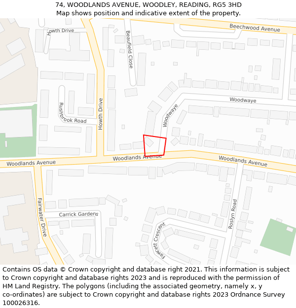 74, WOODLANDS AVENUE, WOODLEY, READING, RG5 3HD: Location map and indicative extent of plot