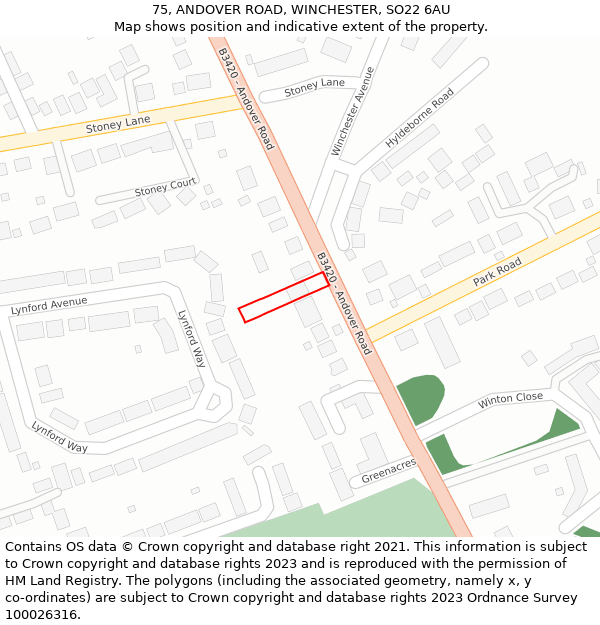 75, ANDOVER ROAD, WINCHESTER, SO22 6AU: Location map and indicative extent of plot