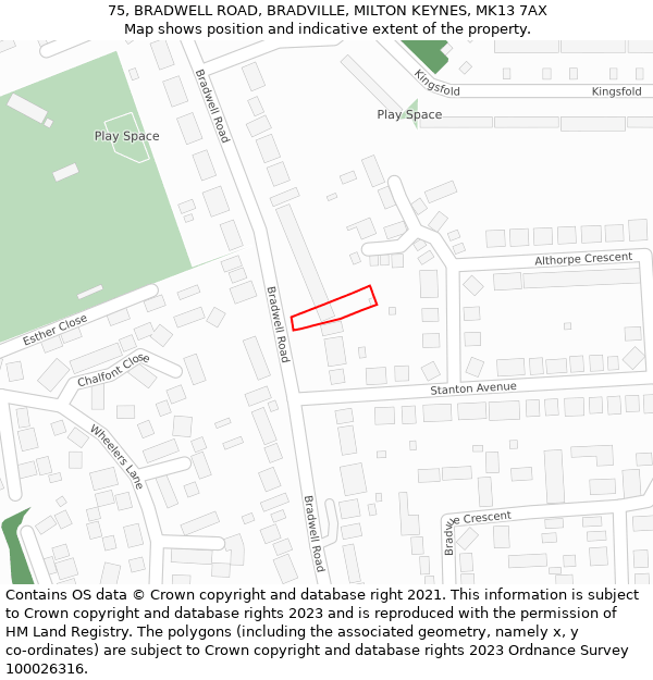 75, BRADWELL ROAD, BRADVILLE, MILTON KEYNES, MK13 7AX: Location map and indicative extent of plot