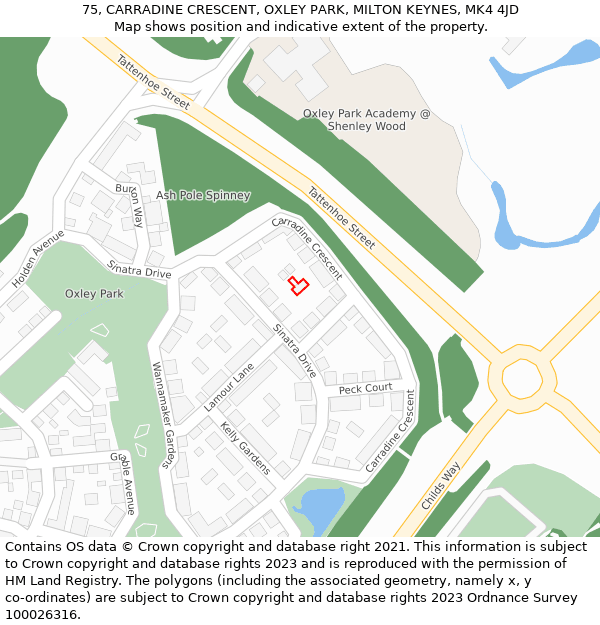 75, CARRADINE CRESCENT, OXLEY PARK, MILTON KEYNES, MK4 4JD: Location map and indicative extent of plot