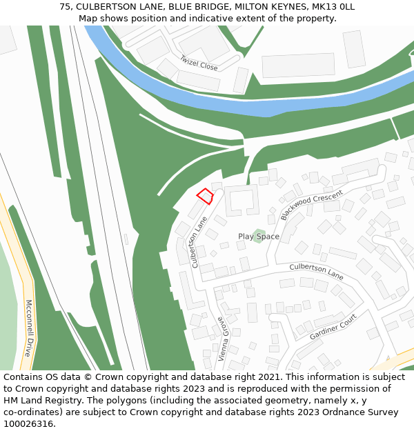 75, CULBERTSON LANE, BLUE BRIDGE, MILTON KEYNES, MK13 0LL: Location map and indicative extent of plot