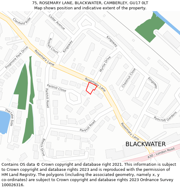 75, ROSEMARY LANE, BLACKWATER, CAMBERLEY, GU17 0LT: Location map and indicative extent of plot