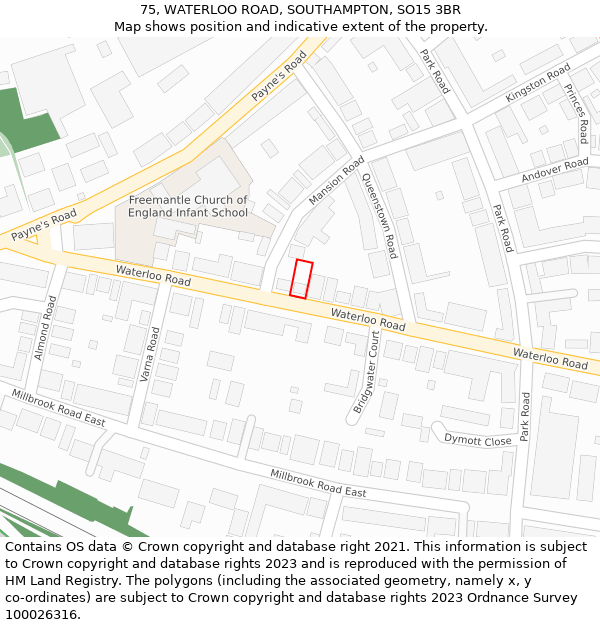 75, WATERLOO ROAD, SOUTHAMPTON, SO15 3BR: Location map and indicative extent of plot