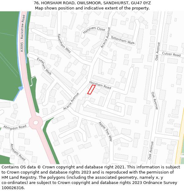 76, HORSHAM ROAD, OWLSMOOR, SANDHURST, GU47 0YZ: Location map and indicative extent of plot