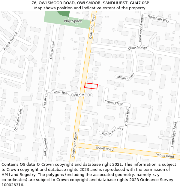 76, OWLSMOOR ROAD, OWLSMOOR, SANDHURST, GU47 0SP: Location map and indicative extent of plot