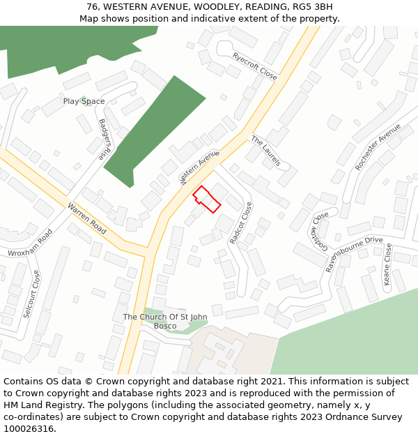 76, WESTERN AVENUE, WOODLEY, READING, RG5 3BH: Location map and indicative extent of plot