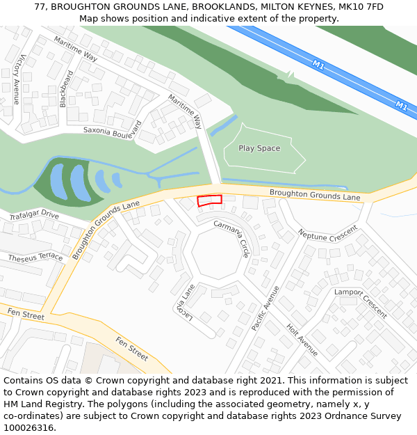 77, BROUGHTON GROUNDS LANE, BROOKLANDS, MILTON KEYNES, MK10 7FD: Location map and indicative extent of plot
