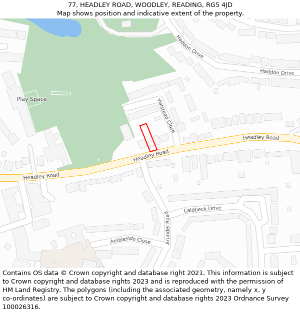 77, HEADLEY ROAD, WOODLEY, READING, RG5 4JD: Location map and indicative extent of plot