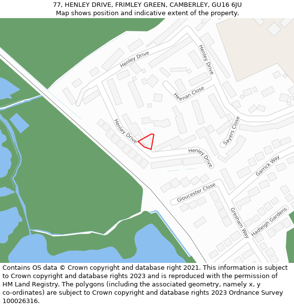 77, HENLEY DRIVE, FRIMLEY GREEN, CAMBERLEY, GU16 6JU: Location map and indicative extent of plot