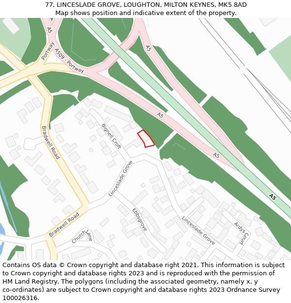 77, LINCESLADE GROVE, LOUGHTON, MILTON KEYNES, MK5 8AD: Location map and indicative extent of plot