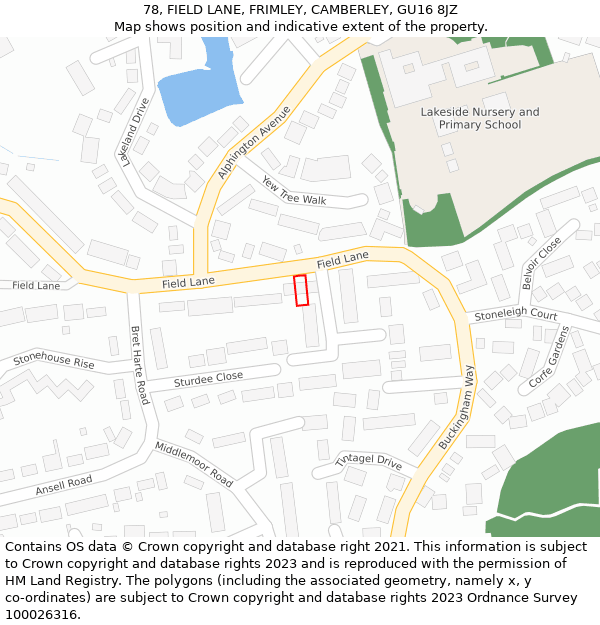 78, FIELD LANE, FRIMLEY, CAMBERLEY, GU16 8JZ: Location map and indicative extent of plot