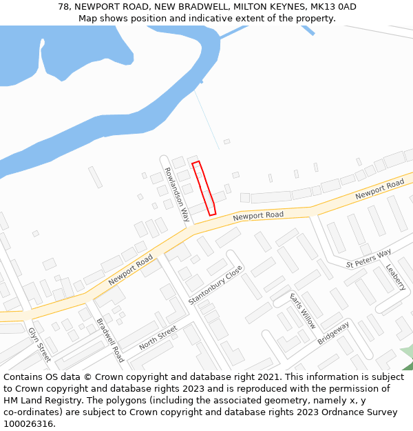 78, NEWPORT ROAD, NEW BRADWELL, MILTON KEYNES, MK13 0AD: Location map and indicative extent of plot