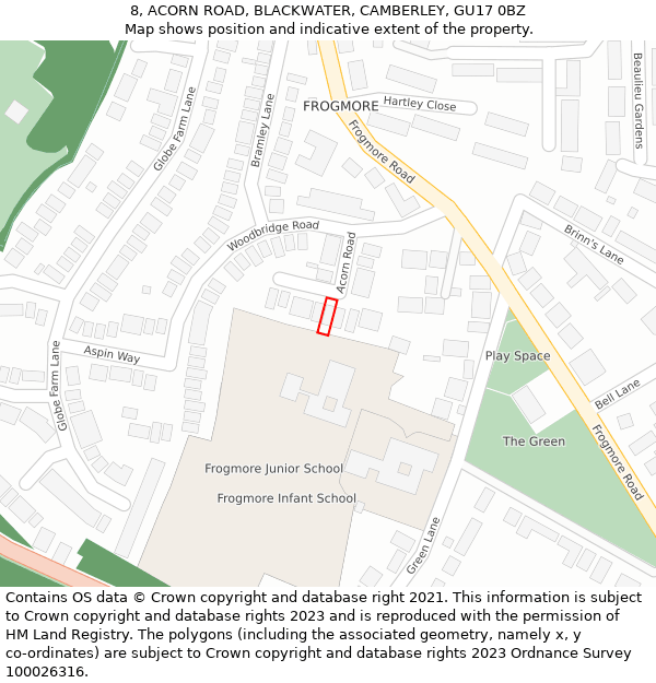 8, ACORN ROAD, BLACKWATER, CAMBERLEY, GU17 0BZ: Location map and indicative extent of plot