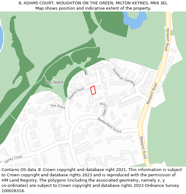 8, ADAMS COURT, WOUGHTON ON THE GREEN, MILTON KEYNES, MK6 3EL: Location map and indicative extent of plot