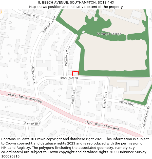 8, BEECH AVENUE, SOUTHAMPTON, SO18 4HX: Location map and indicative extent of plot