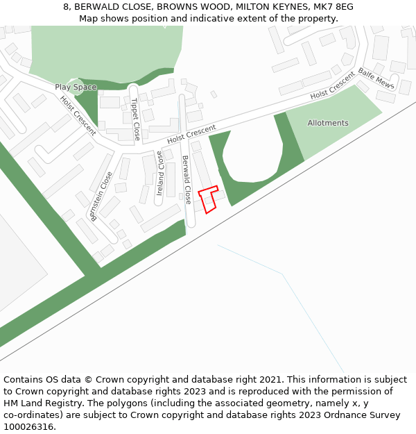 8, BERWALD CLOSE, BROWNS WOOD, MILTON KEYNES, MK7 8EG: Location map and indicative extent of plot