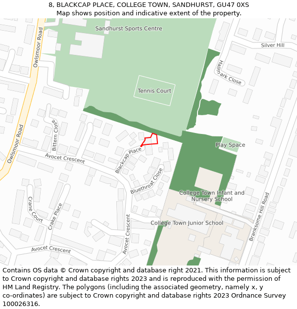 8, BLACKCAP PLACE, COLLEGE TOWN, SANDHURST, GU47 0XS: Location map and indicative extent of plot