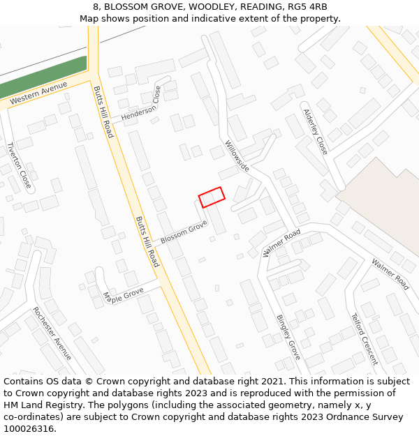 8, BLOSSOM GROVE, WOODLEY, READING, RG5 4RB: Location map and indicative extent of plot