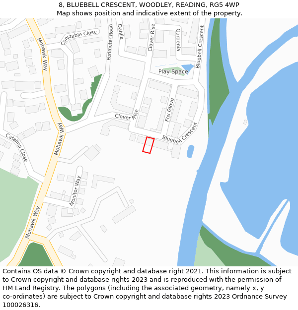 8, BLUEBELL CRESCENT, WOODLEY, READING, RG5 4WP: Location map and indicative extent of plot