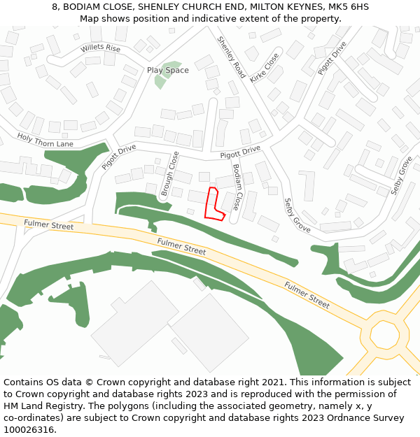 8, BODIAM CLOSE, SHENLEY CHURCH END, MILTON KEYNES, MK5 6HS: Location map and indicative extent of plot