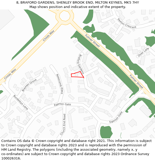 8, BRAFORD GARDENS, SHENLEY BROOK END, MILTON KEYNES, MK5 7HY: Location map and indicative extent of plot