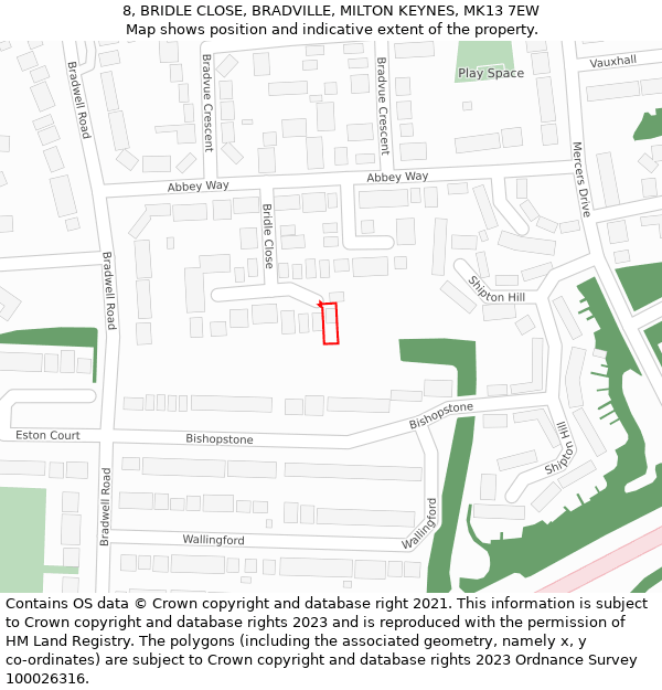 8, BRIDLE CLOSE, BRADVILLE, MILTON KEYNES, MK13 7EW: Location map and indicative extent of plot