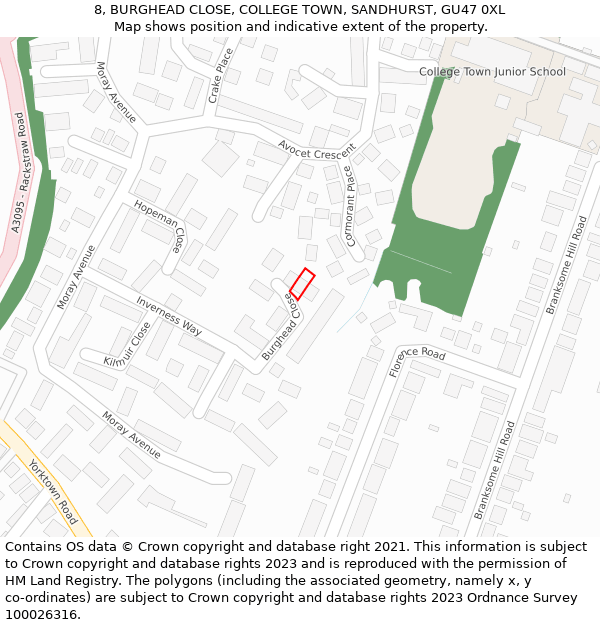 8, BURGHEAD CLOSE, COLLEGE TOWN, SANDHURST, GU47 0XL: Location map and indicative extent of plot