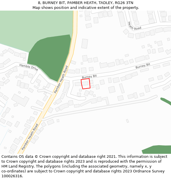 8, BURNEY BIT, PAMBER HEATH, TADLEY, RG26 3TN: Location map and indicative extent of plot