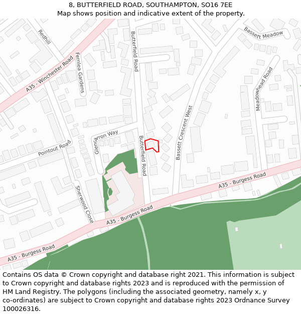 8, BUTTERFIELD ROAD, SOUTHAMPTON, SO16 7EE: Location map and indicative extent of plot