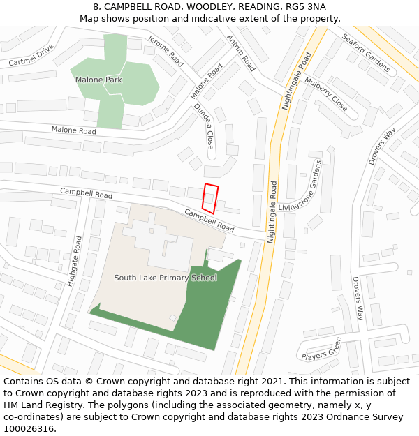 8, CAMPBELL ROAD, WOODLEY, READING, RG5 3NA: Location map and indicative extent of plot