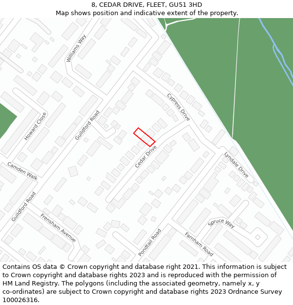 8, CEDAR DRIVE, FLEET, GU51 3HD: Location map and indicative extent of plot